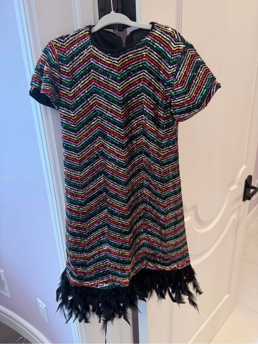 Girls' Multi-Color Sequin Chevron Dress with Black Feather Trim